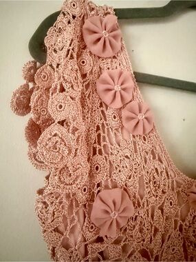 Vintage Cartise Lined Crochet Lace Maxi Dress Dusty Pink Y2K Rosette Gown S-L
